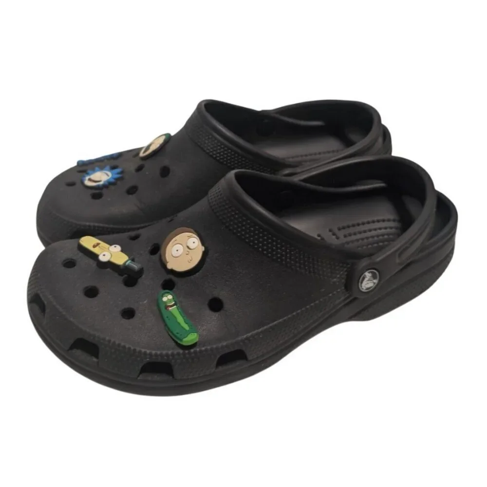 Crocs Classic Clogs Black Mens 9 Womens 11 with Rick and Morty Jibbitz Charms